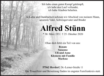 Traueranzeige von Alfred Stünn von Siegener Zeitung