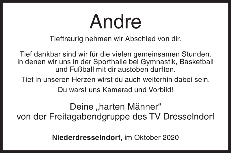 Traueranzeige für Andre Wagner vom 31.10.2020 aus Siegener Zeitung