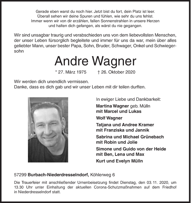  Traueranzeige für Andre Wagner vom 31.10.2020 aus Siegener Zeitung