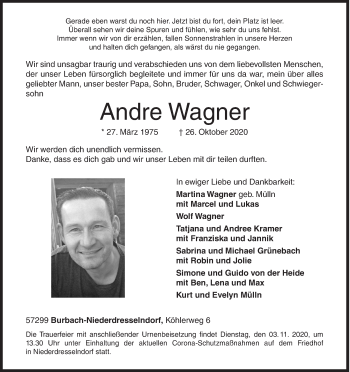Traueranzeige von Andre Wagner von Siegener Zeitung