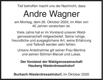 Traueranzeige von Andre Wagner von Siegener Zeitung