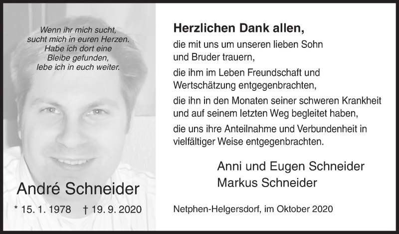  Traueranzeige für André Schneider vom 31.10.2020 aus Siegener Zeitung