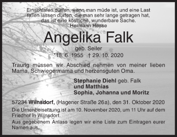 Traueranzeige von Angelika Falk von Siegener Zeitung