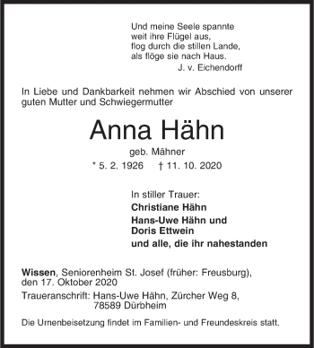 Traueranzeige von Anna Hähn von Siegener Zeitung