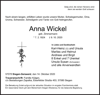 Traueranzeige von Anna Wickel von Siegener Zeitung