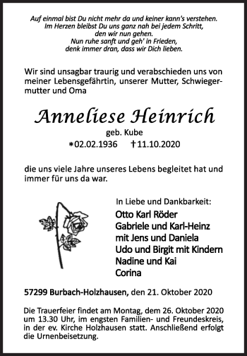 Traueranzeige von Anneliese Heinrich von Siegener Zeitung
