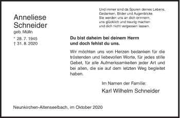 Traueranzeige von Anneliese Schneider von Siegener Zeitung