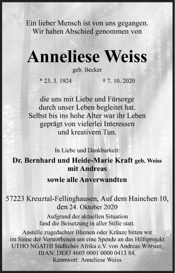 Traueranzeige von Anneliese Weiss von Siegener Zeitung