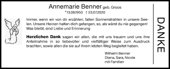 Traueranzeige von Annemarie Benner von Siegener Zeitung