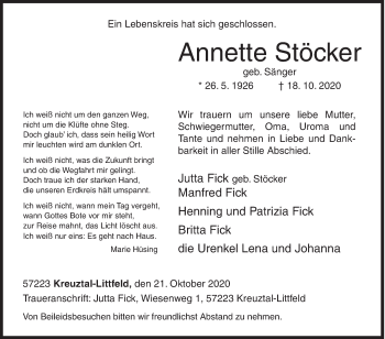 Traueranzeige von Annette Stöcker von Siegener Zeitung