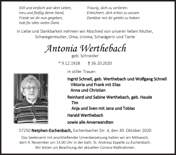 Traueranzeige von Antonia Werthebach von Siegener Zeitung