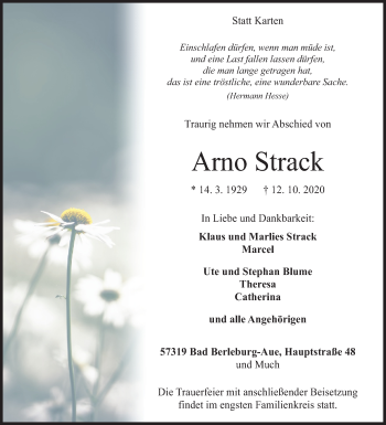Traueranzeige von Arno Strack von Siegener Zeitung