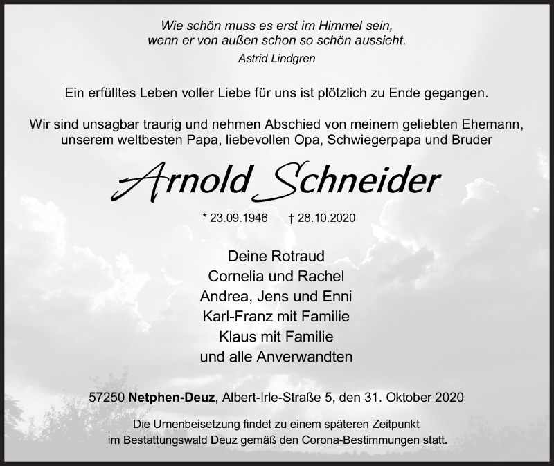  Traueranzeige für Arnold Schneider vom 31.10.2020 aus Siegener Zeitung