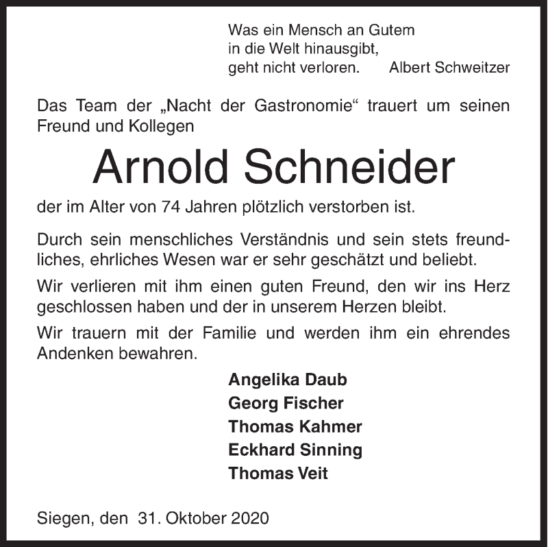  Traueranzeige für Arnold Schneider vom 31.10.2020 aus Siegener Zeitung