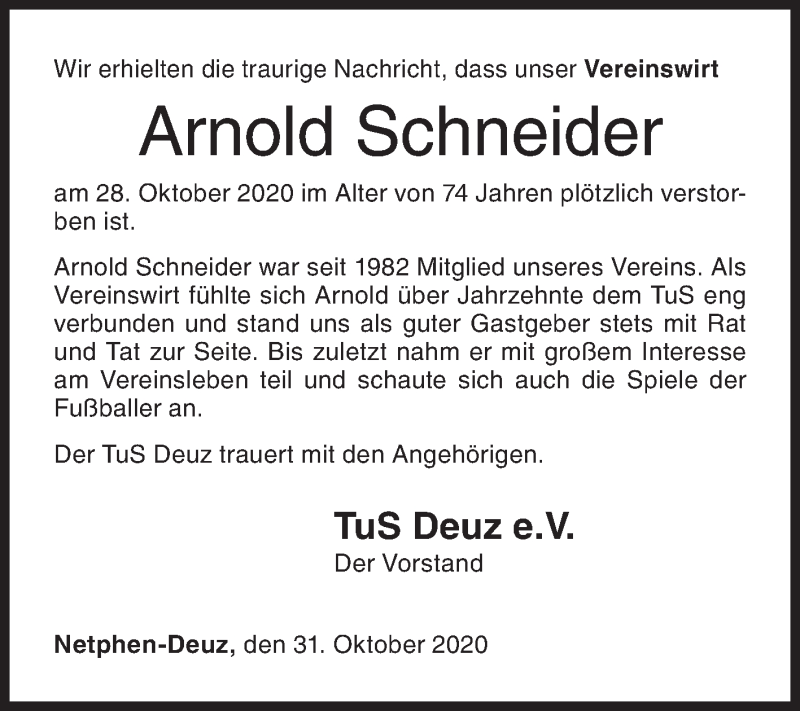  Traueranzeige für Arnold Schneider vom 31.10.2020 aus Siegener Zeitung