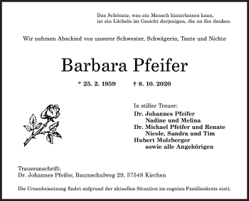 Traueranzeige von Barbara Pfeifer von Siegener Zeitung