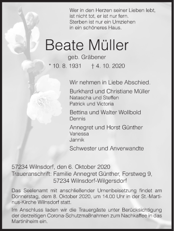 Traueranzeige von Beate Müller von Siegener Zeitung