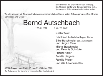 Traueranzeige von Bernd Autschbach von Siegener Zeitung