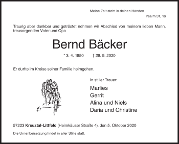 Traueranzeige von Bernd Bäcker von Siegener Zeitung