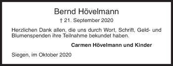Traueranzeige von Bernd Hövelmann von Siegener Zeitung