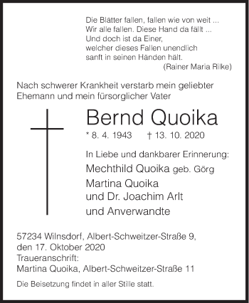 Traueranzeige von Bernd Quoika von Siegener Zeitung