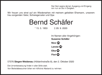 Traueranzeige von Bernd Schäfer von Siegener Zeitung