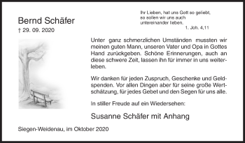 Traueranzeige von Bernd Schäfer von Siegener Zeitung