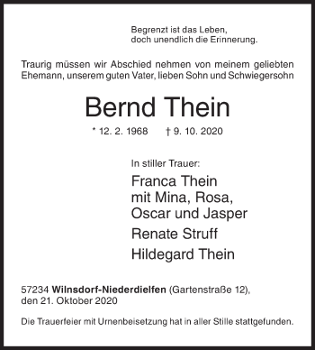 Traueranzeige von Bernd Thein von Siegener Zeitung