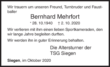 Traueranzeige von Bernhard Mehrfort von Siegener Zeitung