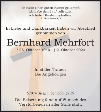 Traueranzeige von Bernhard Mehrfort von Siegener Zeitung