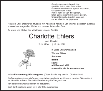 Traueranzeige von Charlotte Ehlers von Siegener Zeitung