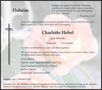 Traueranzeige von Charlotte Hebel von Siegener Zeitung