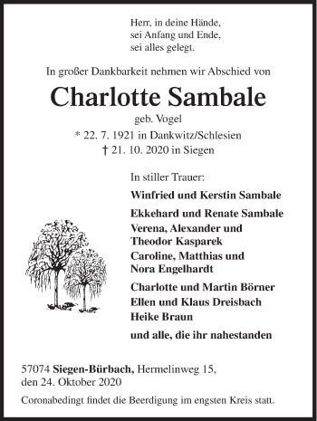 Traueranzeige von Charlotte Sambale von Siegener Zeitung