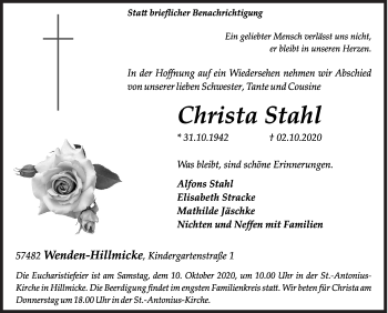 Traueranzeige von Christa Stahl von Siegener Zeitung