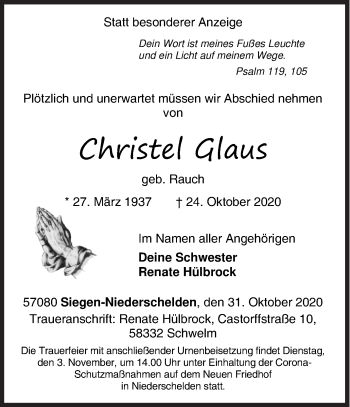Traueranzeige von Christel Glaus von Siegener Zeitung