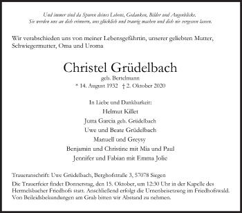 Traueranzeige von Christel Grüdelbach von Siegener Zeitung
