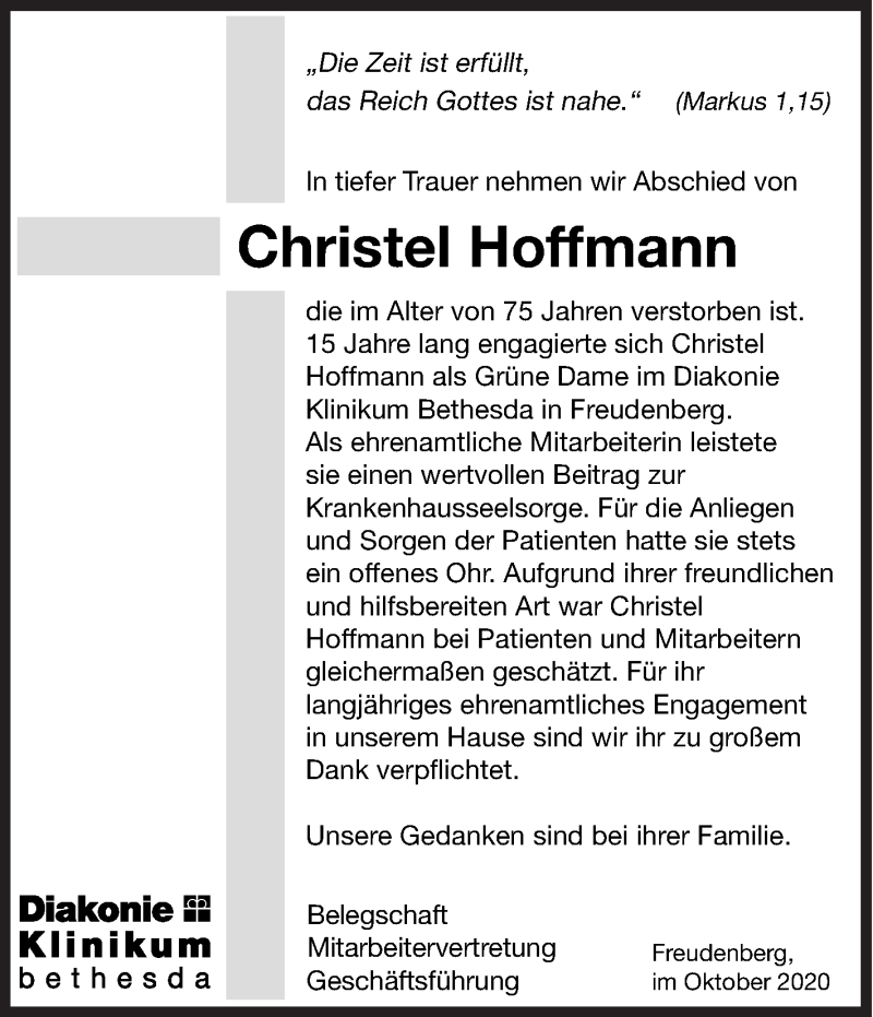  Traueranzeige für Christel Hoffmann vom 02.10.2020 aus Siegener Zeitung