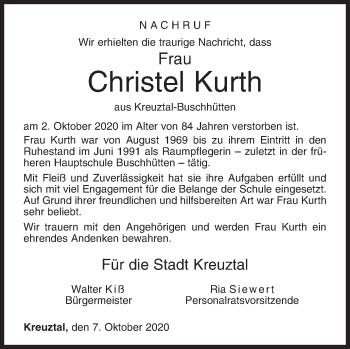 Traueranzeige von Christel Kurth von Siegener Zeitung