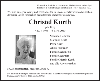 Traueranzeige von Christel Kurth von Siegener Zeitung