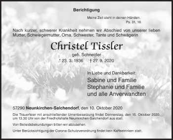 Traueranzeige von Christel Tissler von Siegener Zeitung