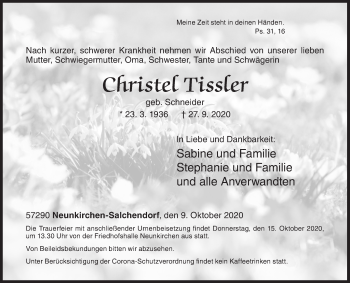 Traueranzeige von Christel Tissler von Siegener Zeitung