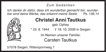 Traueranzeige von Christel Anni Tautkus von Siegener Zeitung