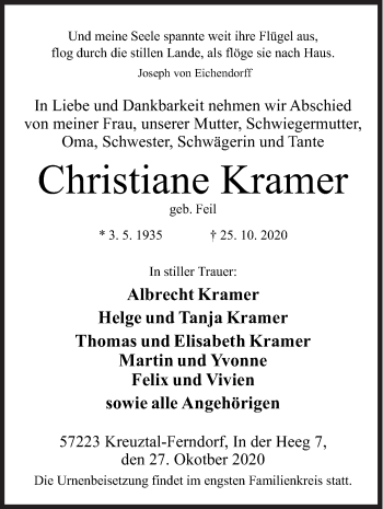 Traueranzeige von Christiane Kramer von Siegener Zeitung