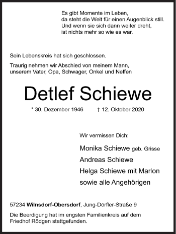 Traueranzeige von Detlef Schiewe von Siegener Zeitung