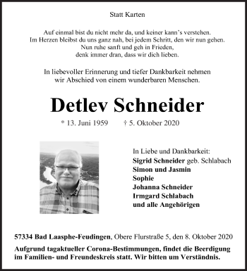 Traueranzeige von Detlev Schneider von Siegener Zeitung