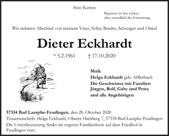 Traueranzeige von Dieter Eckhardt von Siegener Zeitung