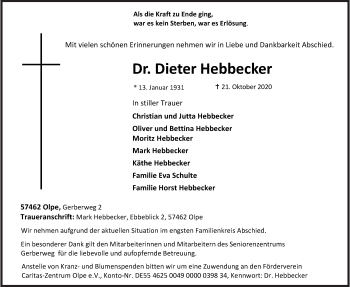 Traueranzeige von Dieter Hebbecker von Siegener Zeitung
