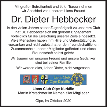 Traueranzeige von Dieter Hebbecker von Siegener Zeitung