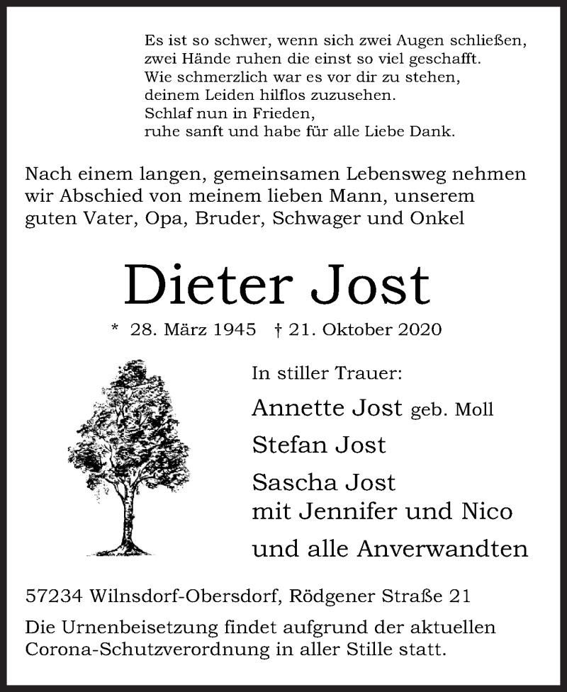  Traueranzeige für Dieter Jost vom 26.10.2020 aus Siegener Zeitung