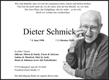 Traueranzeige von Dieter Schmick von Siegener Zeitung